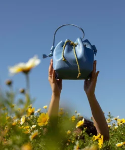 Bucket bag, mini leather bag, sky blue color